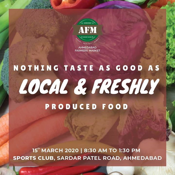 We'll await your presence! 
Date: 15th MARCH 2020 -sunday
Time: 8:30 am to 1:30 pm
Venue: SPORTS CLUB, Sardar Patel Stadium Road, Navrangpura, Ahmedabad-380014 
.
.
.
#farmersmarket #gujarat #freshfood #farmfresh #fruits #veggies #bakery #grocery #chocolates #vegan #dairy #cheese #bakers #afm #ahmedabadfarmersmarket #localmarket #ahmedabad_instagram #freshandhomemadeproducts #fresh #homemade #gourmet