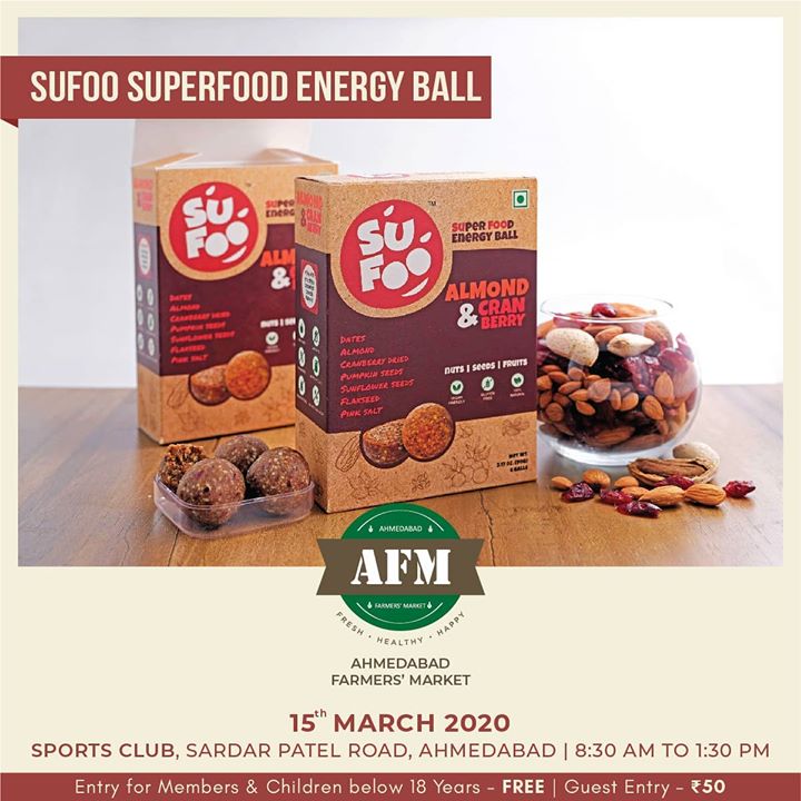 AHMEDABAD FARMERS MARKET 
15th MARCH | 8:30 AM – 1:30 PM | SPORTS CLUB - AHMEDABAD
Explore Vegan, Gluten-free and nutritious energy balls by @sufooenergyball
.
.
.
#sufoo #sufooenergyballs #energyfood #vegansnack #proteinballs #energybites #healthysnack #blissballs #refinedsugarfree #energyballs #energybites #energybar #vegan  #farmersmarket #afm #ahmedabadfarmersmarket #localmarket #supportlocal #localfoods #homemade #organic #healthy