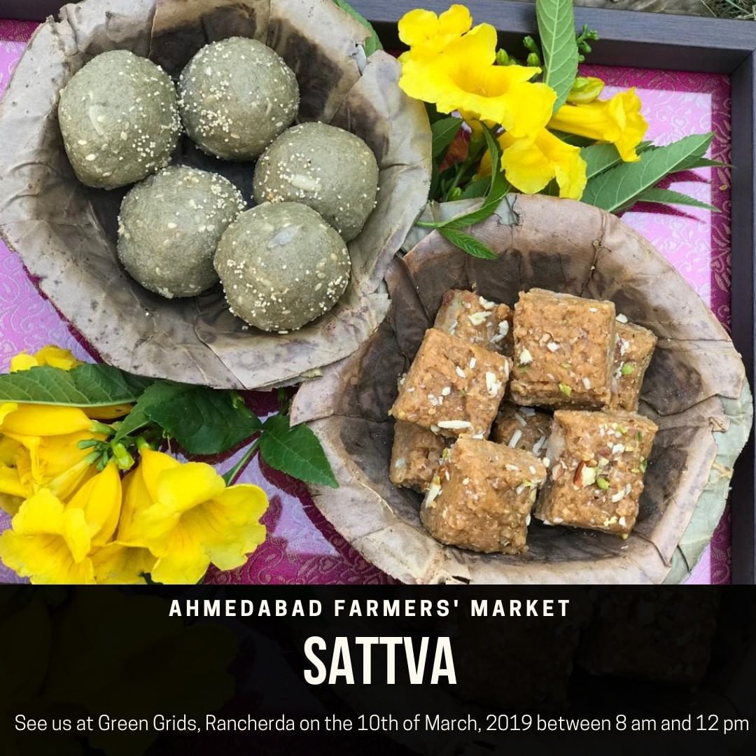 Experience homemade traditional sweets made with love!⠀⠀⠀⠀⠀⠀⠀⠀⠀
⠀⠀⠀⠀⠀⠀⠀⠀⠀
Catch the goodness at the Green Grids, Rancherda on the 10th of March, 2019 ⠀⠀⠀⠀⠀⠀⠀⠀⠀
⠀⠀⠀⠀⠀⠀⠀⠀⠀
#Homemade #Healthytraditionalsweets  #afm #2019 #staytuned #comingsoon #Ahmedabad #goodfood #ahmedabadfoodie #indianfoodblogger #farmersmarket #gujarat #natural #sweets #healthy #organic #traditional #sattva #jaggery #nuts #dryfruits #kesar