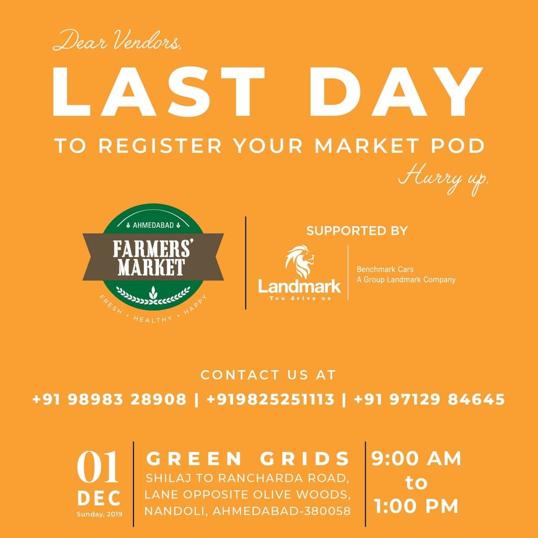 If you still haven’t booked your market pod, you can!⠀
Contact Us at: +91 98983 28908 | +919825251113 | +91 97129 84645 ⠀
.⠀⠀
.⠀⠀
.⠀⠀
#Ahmedabad #goodfood #ahmedabadfoodie #farmersmarket #gujarat #freshfood #bakers #farmfresh #dairy #fruits #veggies #bakery #grocery #chocolates #vegan #cheese #bakers #afm #ahmedabadfarmersmarket #localmarket #organicfood