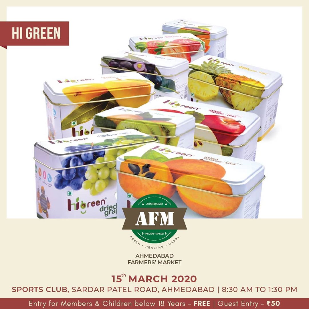 AHMEDABAD FARMERS MARKET 
15th MARCH | 8:30 AM – 1:30 PM | SPORTS CLUB – AHMEDABAD
Explore an Assorted range of dehydrated products by @higreen.dehydration
.
.
.
#healthy #fitnessfood #wellness #dehydratedfruits #dehydratedfood #farmersmarket #afm #ahmedabadfarmersmarket #localmarket #supportlocal #localfoods #homemade