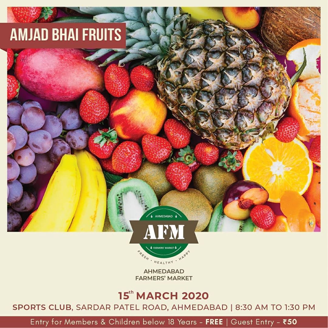 AHMEDABAD FARMERS MARKET 
15th MARCH | 8:30 AM – 1:30 PM | SPORTS CLUB - AHMEDABAD
Explore ->
Locally grown fresh fruits directly from farms by Amjad bhai’s fruit-farms.
Seasonal and organic food products by @farmseindia
Authentic and fresh organic fruits, vegetables and groceries by @barefootorganics
Freshly grown and sustainable greens by @thrivelyforyou
.
.
.
#farmse #fruits #vegetables #seasonalfruits #seasonal #sustainablefarming #farmersmarket #afm #ahmedabadfarmersmarket #localmarket #supportlocal #localfoods #homemade #organic #healthy #thrivelyfarms #amjadbhaifruits #barefootorganics