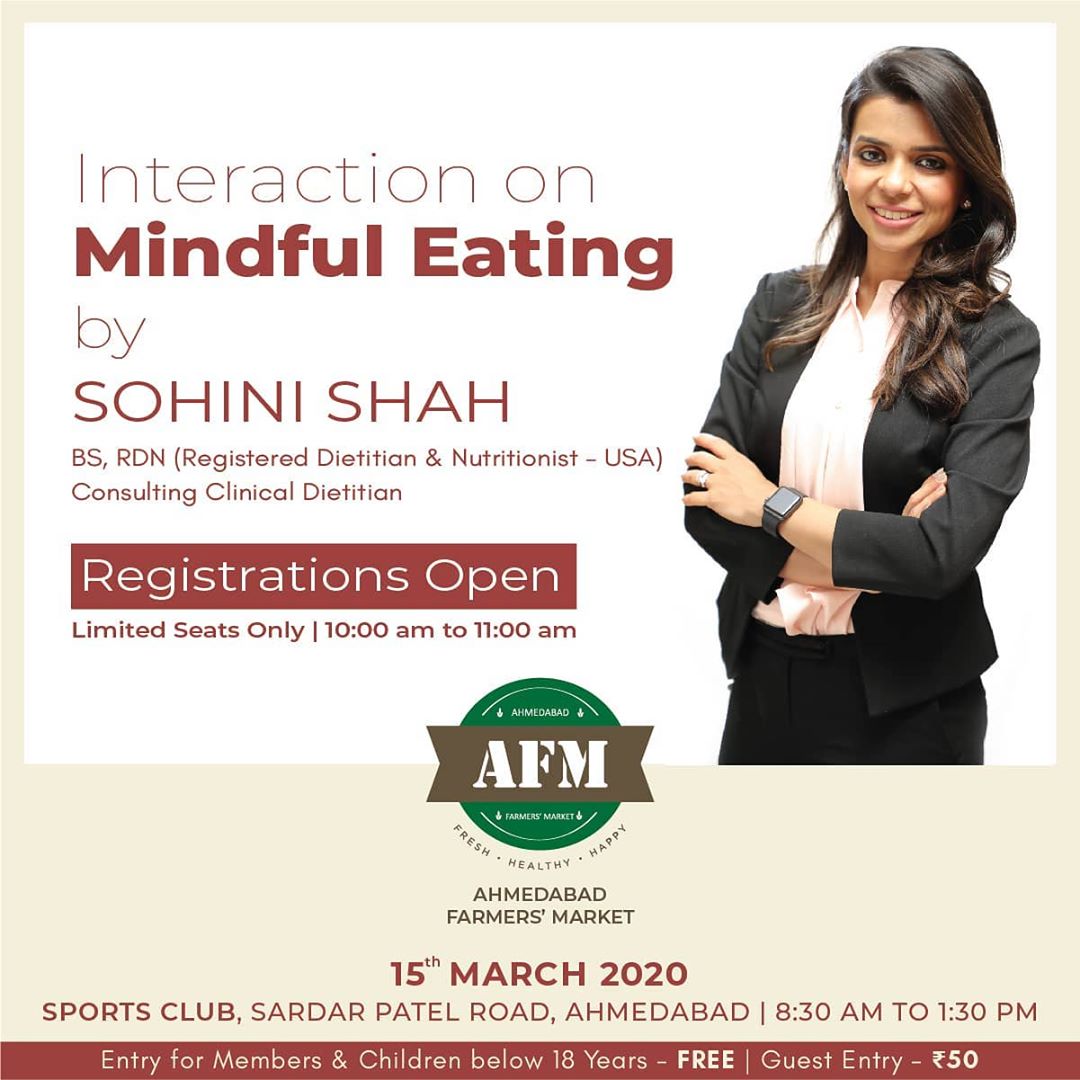 If you believe in something called mindful-eating habits and a healthy food-freak, this can help you take your healthy-diet plans one step ahead. 
Come and attend this interactive talk on mindful eating by @sohini_healthdesign
TO REGISTER CONTACT US: +91 98252 51113 | +91 97129 84645 | +91 9898328908.
.
.
.
#tasty #farmersmarket #afm #ahmedabadfarmersmarket #localmarket #supportlocal #localfoods #homemade #organic #healthy #sohinishah #dieting #mindfuleating