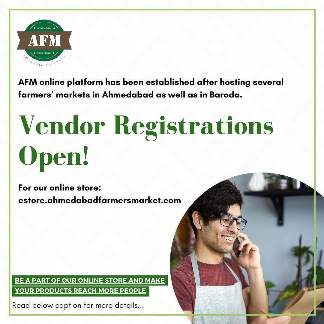 Ahmedabad Farmers' Market is happy to announce that Vendor Registrations are now open. 

Ahmedabad Farmers' Market has hosted a good amount of Farmers' markets in Ahmedabad and Baroda. Make your products reach more people by being a part of our online store now!
.
.
For more details visit our website:
estore.ahmedabadfarmersmarket.com

#fresh #vendors #vendorregistration #healthy #healthylifestyle #healthyfood #naturalproducts #healthyeating #healthyrecipes #healthiswealth #health #healthandwellness #local #localbusiness #localfood #vendor #localbrand #happiness #lifestyle #lifestyleguide #happy #market #farmersmarket #ahmedabad #ahmedabadfood #naturalghee #worldfoodday #ghee  #ahmedabadfarmersmarket #afm