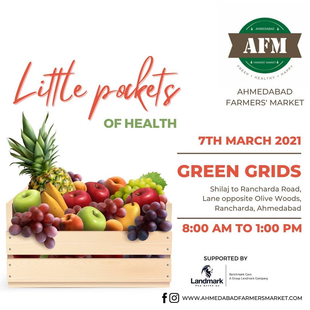 Relish nature’s very own little pockets of health at your very own Ahmedabad Farmers’ Market on 7th March 2021, Sunday from 8:00 am to 1:00 pm at Green Grids, Shilaj to Rancharda Road, In the lane opposite Olive Woods, Rancharda, Ahmedabad.
.
.
.
#ahmedabadfarmersmarket #ahmedabad #farmersmarketfresh #farmersmarketinndia #farmersmarket #gujarat #freshfood #farmfresh #fruits #veggies #bakery #grocery #chocolates #vegan #dairy #cheese #bakers #afm #localmarket #ahmedabad_instagram #freshandhomemadeproducts #fresh #homemade #gourmet #ahmedabad