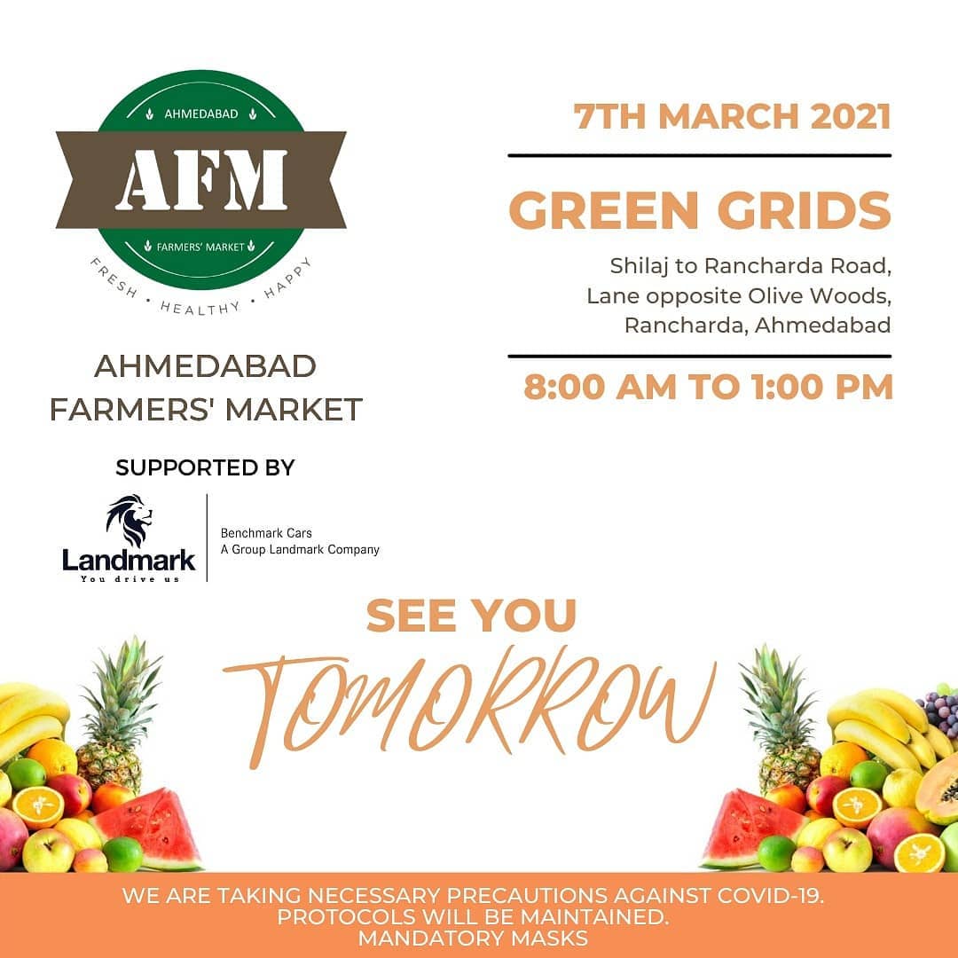 See you tomorrow at Ahmedabad Farmers’ Market on 7th March 2021, Sunday from 8:00 am to 1:00 pm at Green Grids, Shilaj to Rancharda Road, In the lane opposite Olive Woods, Rancharda, Ahmedabad.
.
.
.
#ahmedabadfarmersmarket #ahmedabad #farmersmarketfresh #farmersmarketinndia #farmersmarket #gujarat #freshfood #farmfresh #fruits #veggies #bakery #grocery #chocolates #vegan #dairy #cheese #bakers #afm #localmarket #ahmedabad_instagram #freshandhomemadeproducts #fresh #homemade #gourmet #ahmedabad